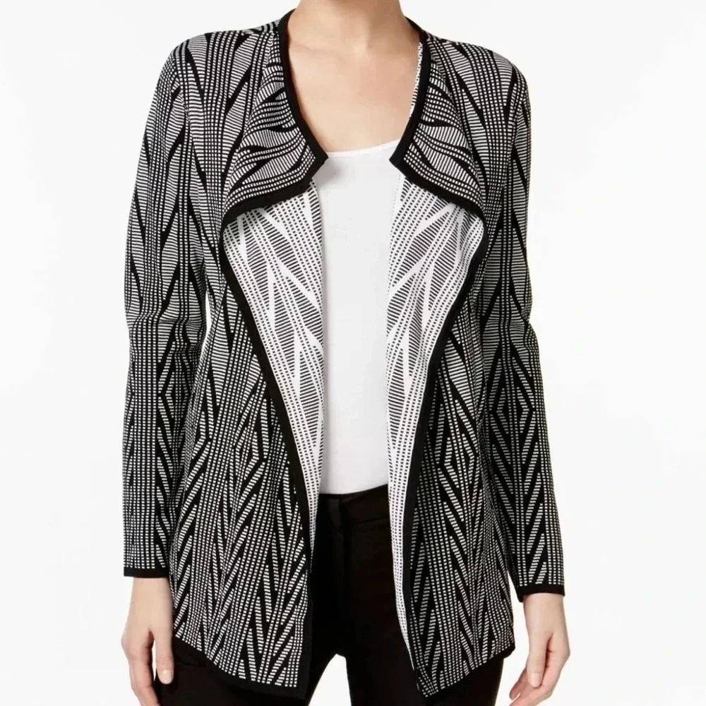 CALVIN KLEIN Size M Jacquard Flyaway Long Sleeve Cardigan BLACK-WHITE
